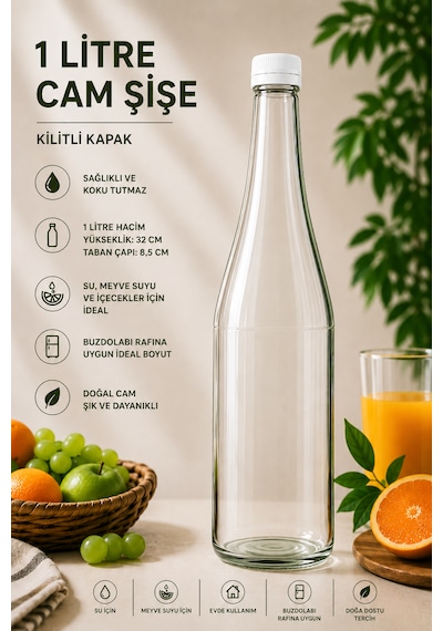 1 Adet Şerbetlik Beyaz Plastik Kapaklı Cam Şişe 1 Litre Şeffaf Sürahi Süt, Ayran, Su, Limonata Meşrubat Şişesi