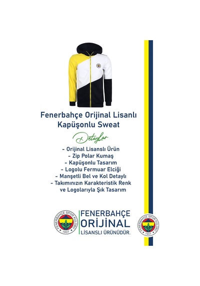 Fenerium Fenerbahçe Lisanslı Polar Sarı Lacivert Kapüşonlu Sweat Sarı - Lacivert