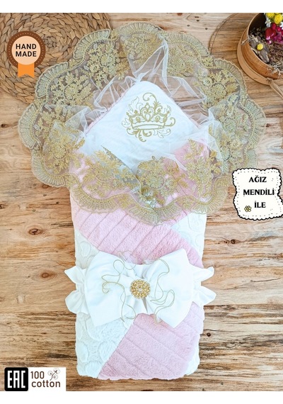 Pamuklu & Kışlık Unisex Bebek Kundağı - Gold Dantelli Bebek Battaniyesi & Hastane Çıkışı Pembe