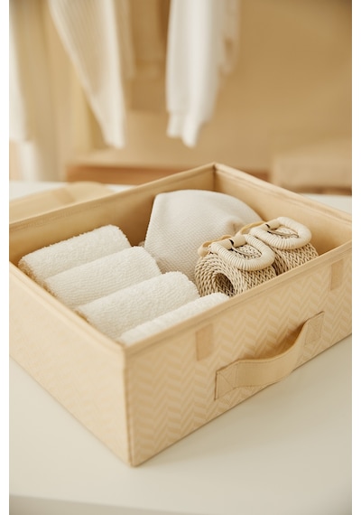 Ocean Home Textile Çekmece İçi Bej Balıksırtı Kapaklı Kutu 30 x 23 x 11 cm
