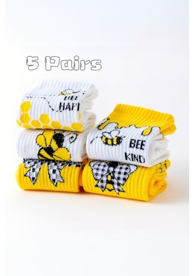 Hitit Socks Kadın 5 Çift Premium Kalite Arı Ve Çiçek Desenli Uzun Soket Çorap Sarı