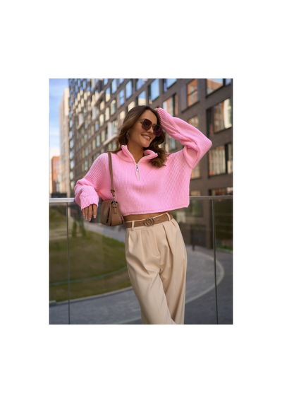 Cloudy Kids Kadın Oversize Fermuarlı Crop Triko Kazak Günlük Kullanım Mevsimlik Pembe - 607293446 Pembe