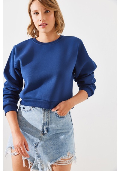 Shade Kadın Bisiklet Yaka Şardonlu Basic Crop Sweatshirt 60251797 - Lacivert