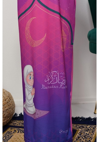 Çocuk Namaz Takımı Pratik Tek Parça Desenli Kollu Tak Çıkar Başörtülü Likralı Tesettür Elbise 6-12 Yaş 925-0201 Koyu Pembe