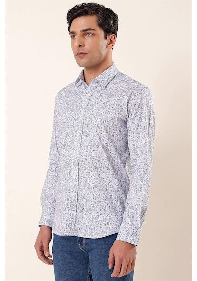 İmza Koyu Mavi Uzun Kollu Baskılı Sert Yaka Cepsiz Pamuklu Likralı Casual Slim Fit Gömlek 1004230135-mavi Mavi