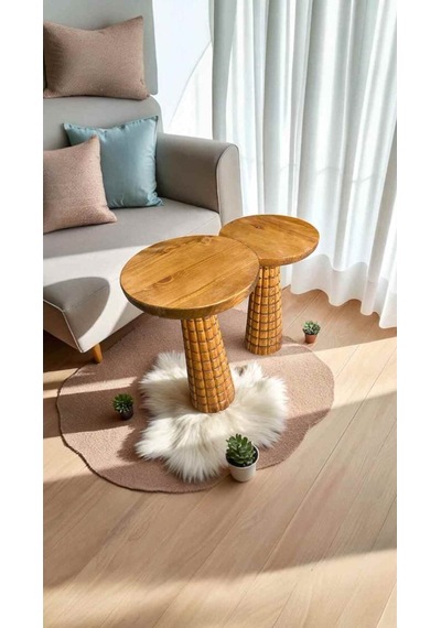 2 Li Masif Ahşap Yan Sehpa Takımı Tik Renk Doğal Zigon Fiskos Seti - Wooden Coffee Table Tik Ağacı