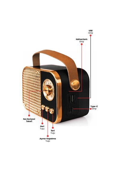 Nostaljik Bluetooth Hoparlör Bluetooth 5.2 Usb & Tf Kart Destekli Led Taşınabilir Speaker Siyah
