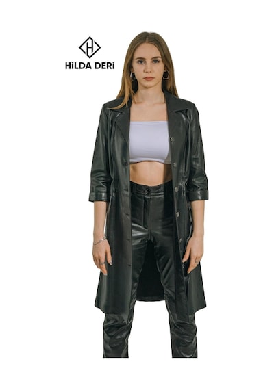 Hilda Deri Yarım Kollu Siyah Hakiki Deri Düğmeli Elbise Trençkot Diana 001