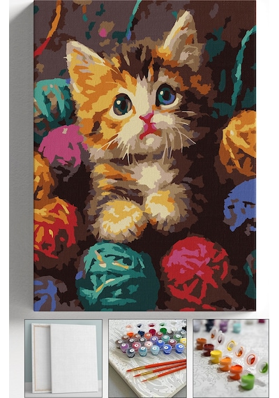 Sayılarla Boyama Seti Numaralı Tuval Fırça Boya Askı Aparatı Dahil Set 40x50 Cm - İplik Yumağı Kedi