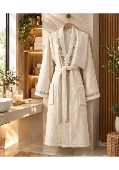 Arliva Home Mono Naturel Nakışlı Bukle Bornoz Seti Krem