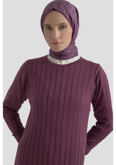 Armine Trend Kendinden Çizgili Triko Elbise Mürdüm 25ktd901