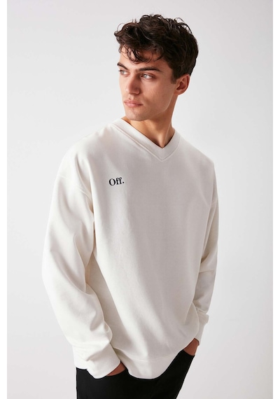 Grımelange Off  Erkek Organik Pamuklu Yazı Nakış Detaylı V Yakalı Içi Polarsız Oversize Beyaz Sweatshirt