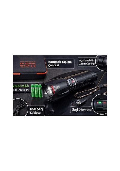 6000 Lümen 60w Şarjlı El Feneri - 2 Km Menzilli 10400 Mah Powerbank 4 Pilli Metal Fener Rt-t709 Çok Renkli