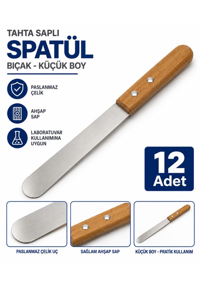 Tahta Saplı Spatül Bıçak Küçük Boy - Paslanmaz Spatula 12 Adet