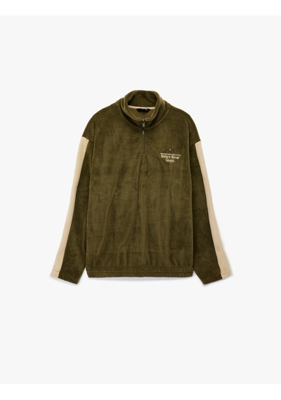 Koton Renk Bloklu Yarım Fermuarlı Yaka Polar Sweatshirt Haki 6wam70152mk Haki