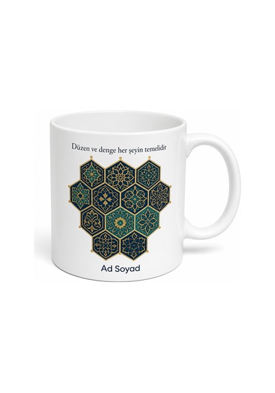 Altıgen Motif Temalı Baskılı Kupa Bardak Hediye Özel Tasarım Porselen Mug Beyaz / Çok Renkli