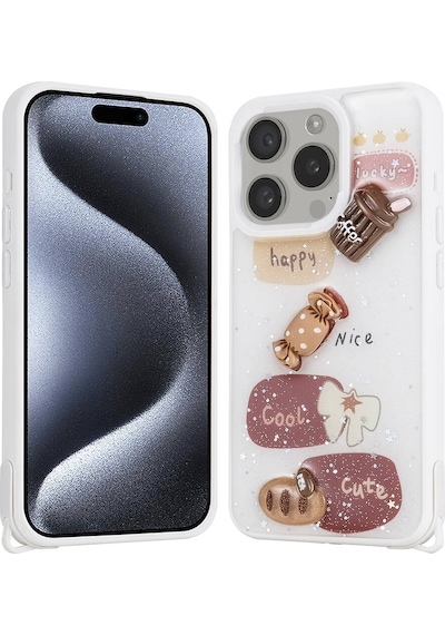 Apple iPhone Uyumlu 15 Pro Kılıf Parlayan Simli Kabartma Figürlü Cevze Kapak - Beyaz Beyaz Beyaz