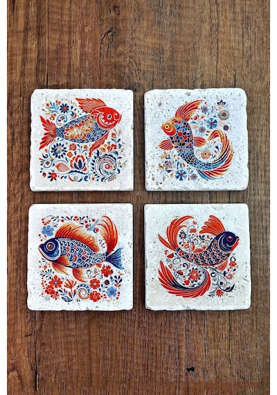 Doğal Taş Bardak Altlığı 4'lü Set 10x10x1 Cm Renkli Balık Desenleri -stone Coasters Çok Renkli
