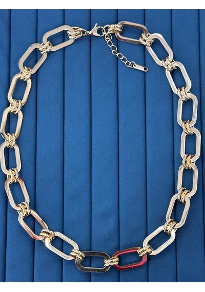 Premium Gümüş - Gold Renk Parlak Ve Şık Büyük Halkalı 316ll Çelik Unisex Zincir Kolye 45cm Çok Renkli