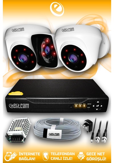 Elitcam 3 Kameralı Kare 2 İç Kamera Set HDD'siz Full HD Gece Görüşlü Güvenlik Kamerası Sistemi
