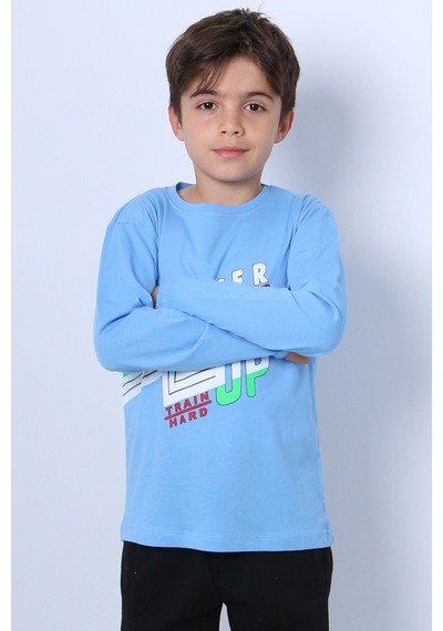 Hçm Erkek Çocuk Uzun Kollu Tshirt Never Give Up Baskılı Bisiklet Yaka D10 Mavi