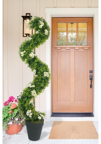 Yapay Ağaç Doğal Papatyalı Spiral Şimşir Ağacı 160cm Bambu Saplı Salon Bitkisi