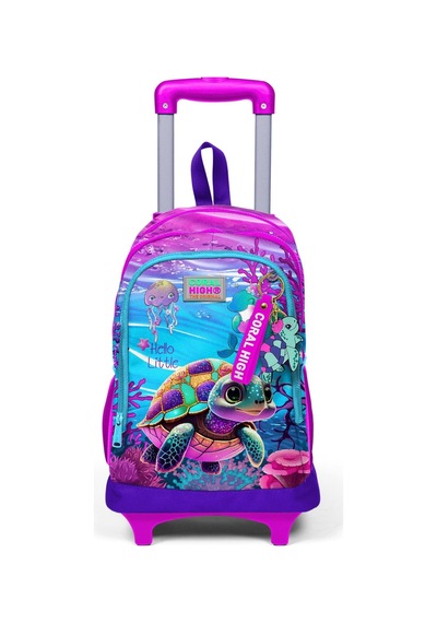 Coral High Kids Pembe Mor Kaplumbağa Desenli Üç Bölmeli Çekçekli Okul Sırt Çantası 23956