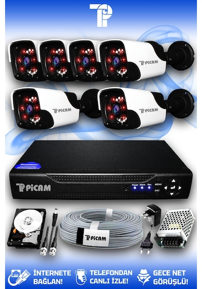 Picam 6 Kameralı Panda 6 Dış Kamera Set 2 TB HDD Full HD Gece Görüşlü Güvenlik Kamerası Sistemi