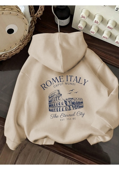 Uyguntarz Unisex Rome Italy Baskılı Oversize Sweatshirt Bej