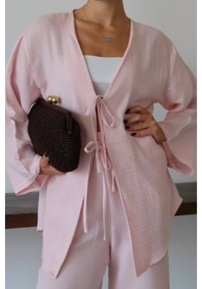 Balenbi Kadın Çift Bağlamalı Müslin Kumaş Kimono 1101 Pembe