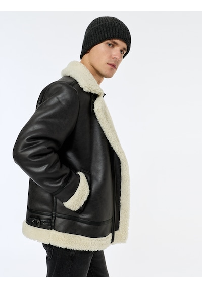 Koton Kapaklı Cepli Çıtçıt Düğme Detaylı Slim Fit İçi Peluş Yaka Suni Süet Ceket Siyah 6wam20103hw