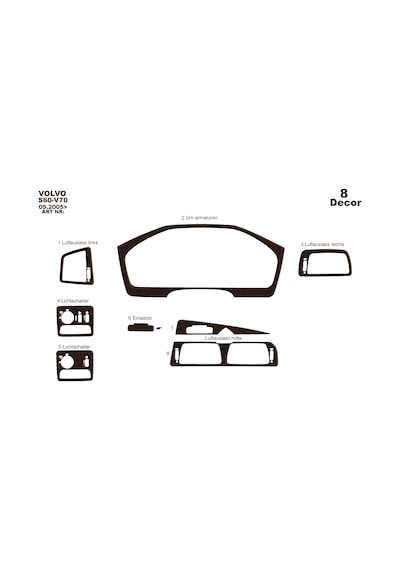 Volvo S60 / V70 Uyumlu Torpido Kaplama 2005-2009 8 Parça Koyu Meşe