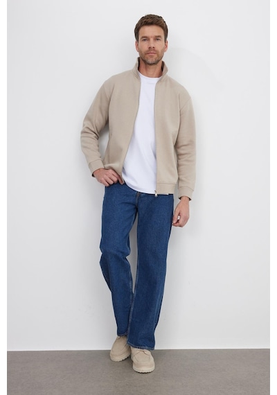 Tudors Unisex Relax Fit Rahat Kesim Pamuklu 3 İplik İçi Polarlı Fermuarlı Cepli Taş Sweatshirt Hırka-41679 Taş