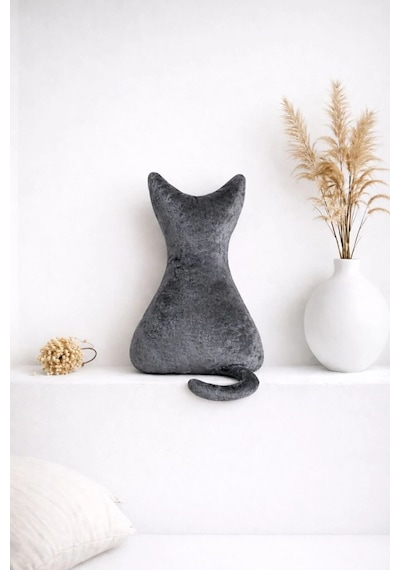 Kedi Figürlü Dekoratif Kırlent Gri