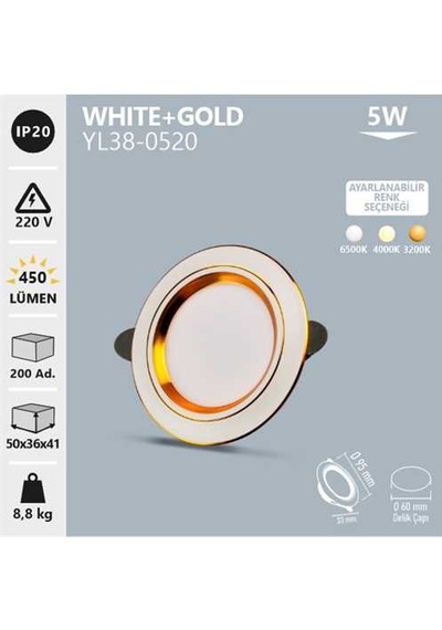 Noas 5w Whıte+gold Led Spot 3 Renk Beyaz