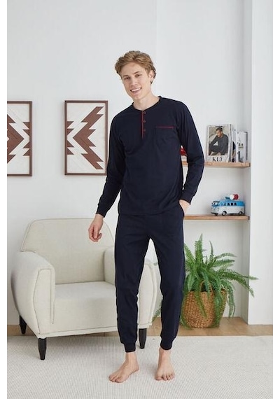 Kly 9244 Erkek Midi Yaka Lacivert Pijama Takımı 001