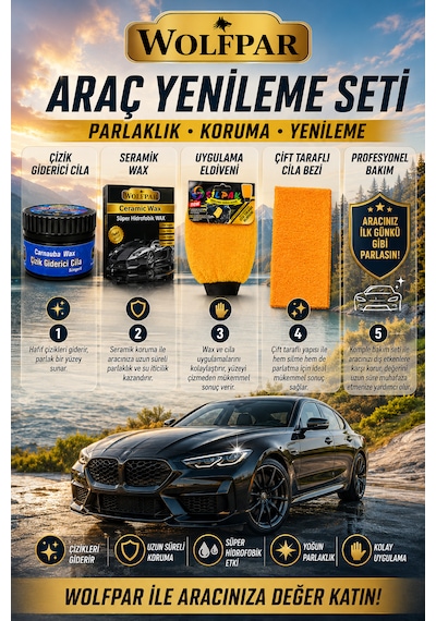 Araç Yenileme Seti Çizik Giderici Cila + Ceramic Wax + Uygulama Eldiveni + Çift Taraflı Cila Bezi