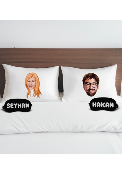 Bk Gift Kişiye Özel Karikatürlü Pamuklu Yastık Kılıfı Ve Göz Bandı Çift Uyku Seti-5, Tasarım Ev Tekstili, Uyku Bandı, Ev Hediyesi