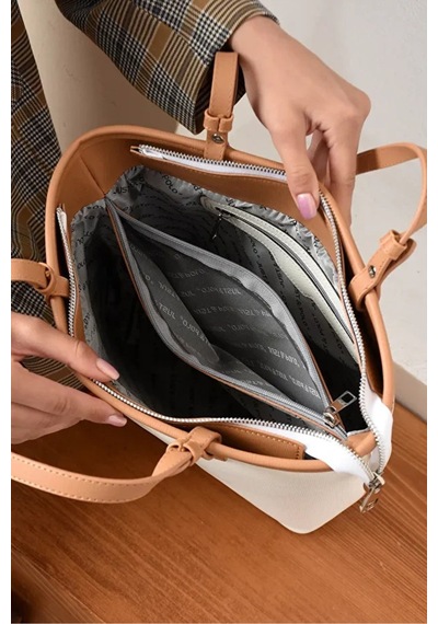 Just Polo Kadın Yeni Sezon Büyük Boy Lüks El Çantası Shopper Beyaz - Taba 29556446