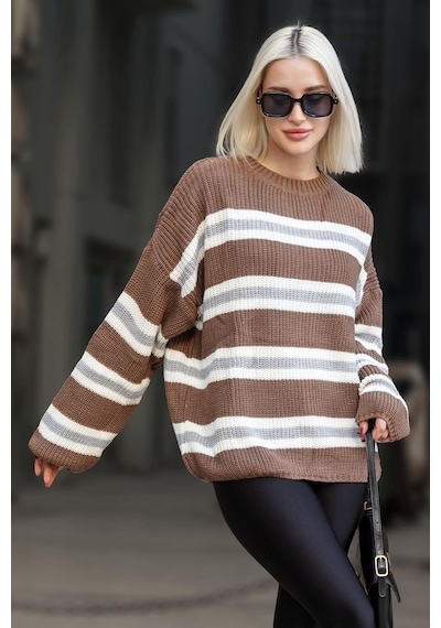 Madmext Kahverengi Çizgili Triko Kazak Mg1244 - Kahverengi