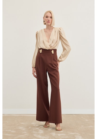 Sateen Bel Aksesuarlı Pantolon - Kahve-136487 Kahve