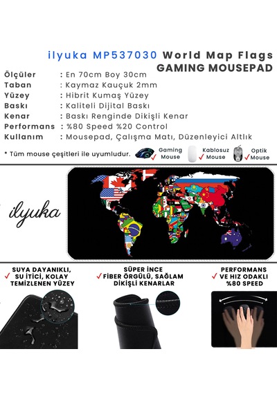 İlyuka Mousepad 70x30cm Büyük Boy Xl Mp537030 World Map Flags