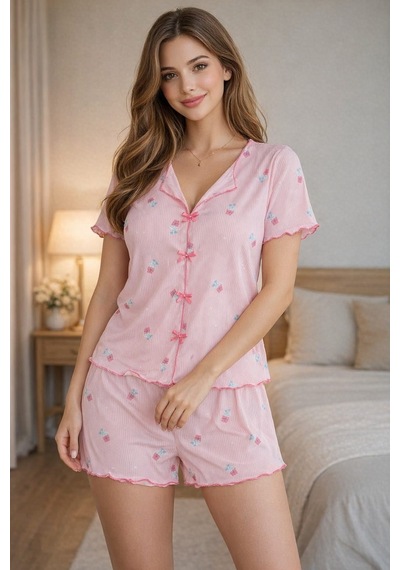Kadın 01596 Kaşkorse Şortlu Pijama Takımı Pembe