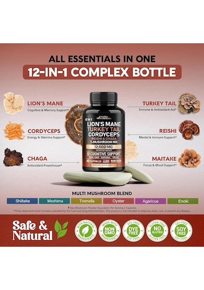 Mushroom Supplement 7 Mushroom Complex 12,000 Mg 60 Capsules