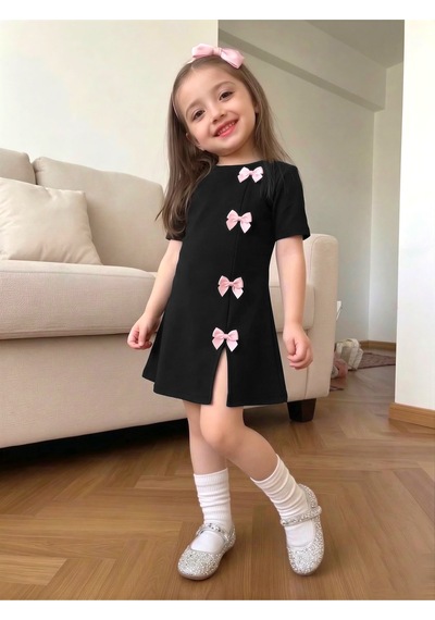 Uyguntarz Kız Çocuk Siyah Mini Elbise Pembe Fiyonk Detaylı Modern Tasarım Siyah - Pembe