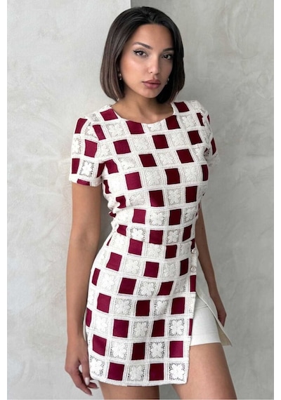 Verymoda Kısa Kollu Dama Desen Tiğişi Bluz D2619 Ham Bordo