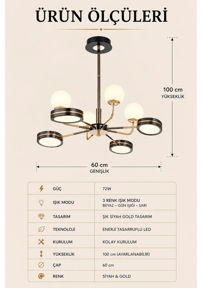 8'li Modern Premium Siyah Gold 3 Renkli Ledli Sarkıt Avizesi Salon Mutfak Oturma Odası Modelleri 72w