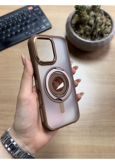 Apple Uyumlu iPhone 16 Standlı Ve Yüzüklü Magsafe Kılıf Soocase721 Kahverengi