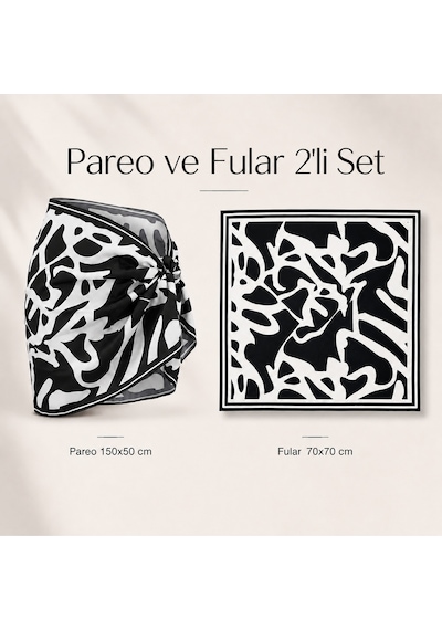 Tarzını Seç Siyah Geometrik Desenli 2 Li Kısa Pareo Ve Bandana Seti 150x50 Cm / 70x70 Cm