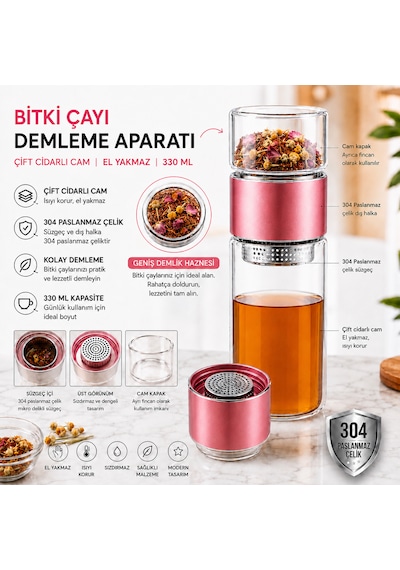 Muzeko 330ml Çift Katlı El Yakmayan Isıyı İçinde Tutan Cam Bardak Detox Bitki Çayı Demleme Ihlamur Demliği Bitki Çayı Demleme Tüm Bitki Çaylar İçin Uygundur Rose Pembe